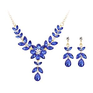 Elegant Sapphire Blue Crystal Rhinestone Necklace Earrings Jewelry Set